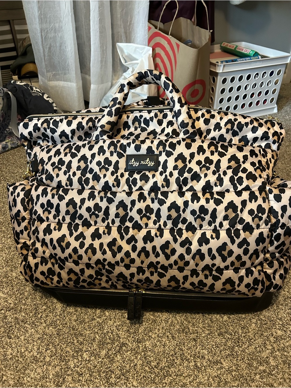 Itzy Ritzy Quilted Leopard Travel Tote - Cream & Black